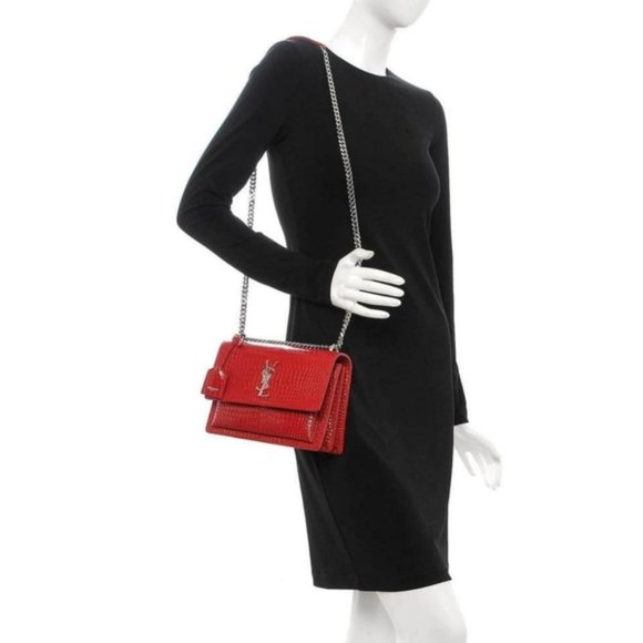 New YSL SUNSETMedium Red Croc black Crossbody Bag - Picture 14 of 14